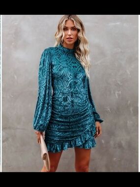 Vici Teal Velvet Ruched Open-Back Mini Dress